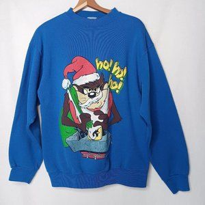 Vintage Looney Tunes Christmas Taz Santa Ho Ho Ho L Sweatshirt Blue Tultex USA